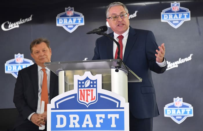 May 23, 2019; Cleveland, OH, USA; Cuyahoga County executive Armond Budish speaks during a press conference in Public Square to announce Cleveland as the host of the 2021 NFL draft.